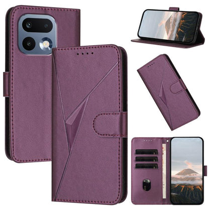 Dark purple leather phone case with triangle pattern, buckle clasp, and card slots
