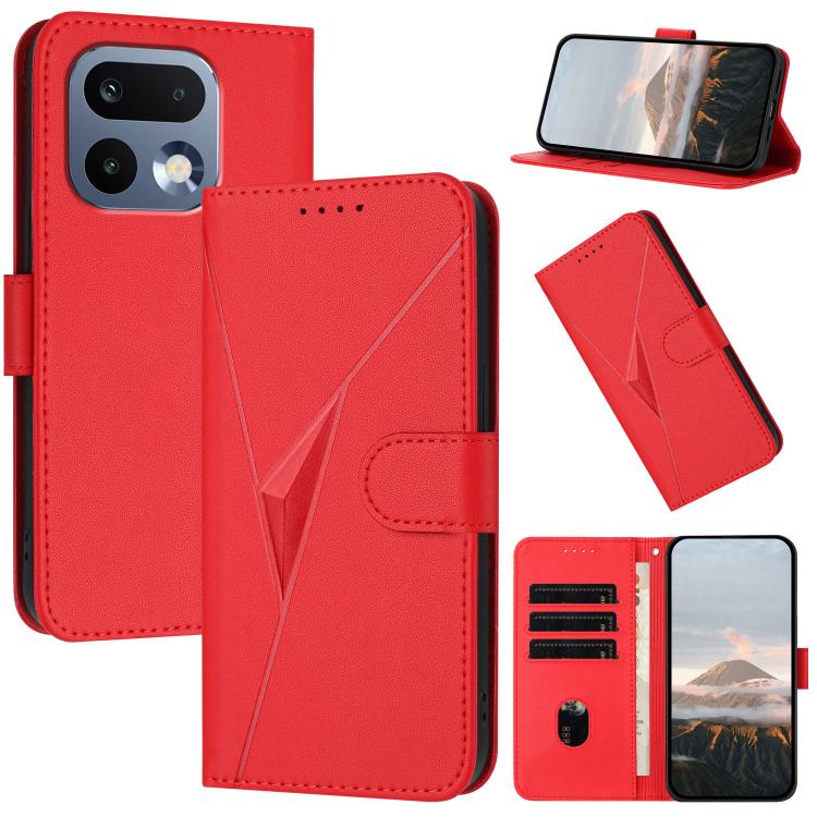 Red leather phone case with triangle pattern, buckle clasp, and card slots