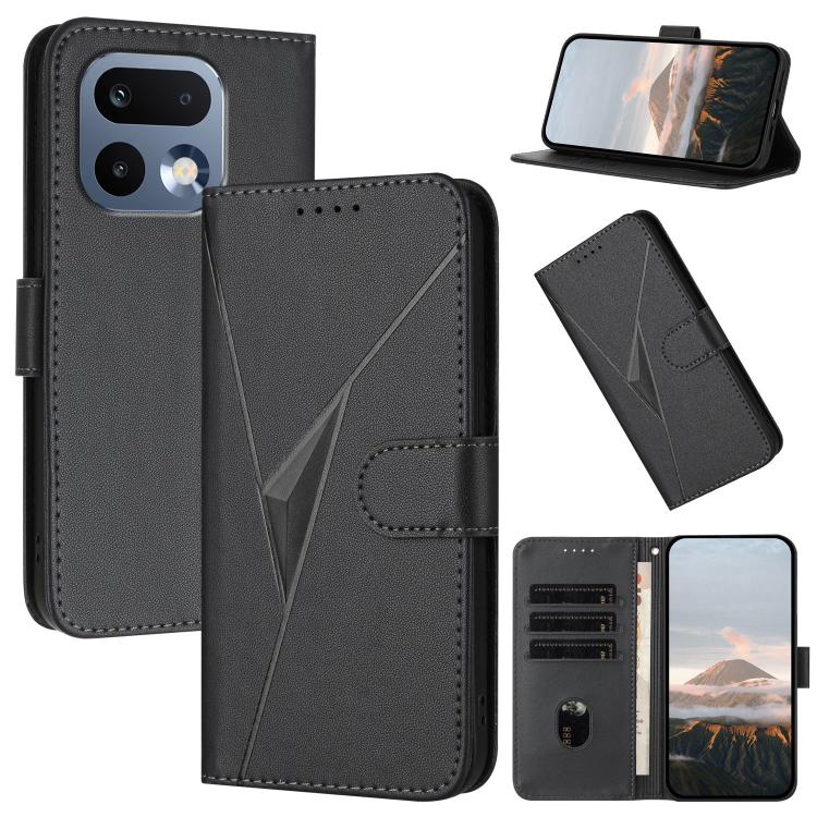 Black leather phone case with triangle pattern, buckle clasp, and card slots