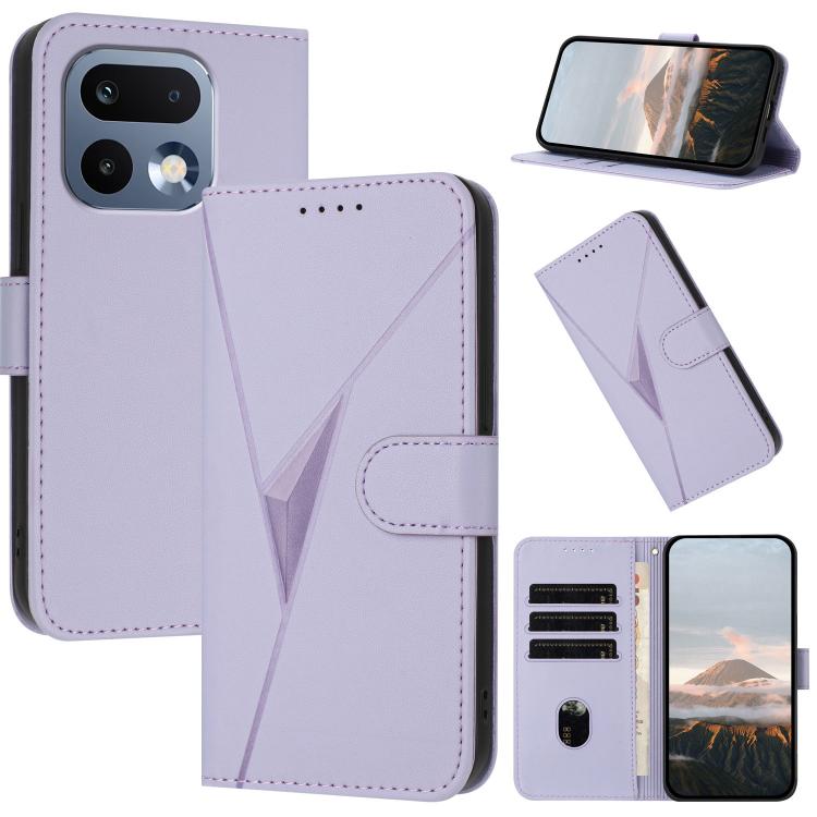 Light purple leather phone case with triangle pattern, buckle clasp, card slots and stand