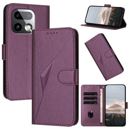 Dark purple leather phone case with triangle pattern, front flap, and buckle clasp