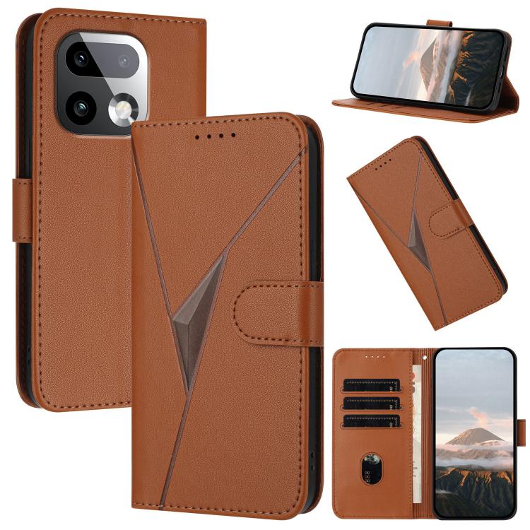 Brown leather phone case with triangle pattern, front flap, and buckle clasp