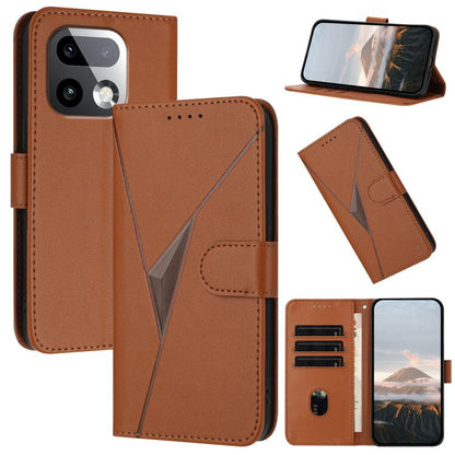 Brown leather phone case with triangle pattern, front flap, and buckle clasp