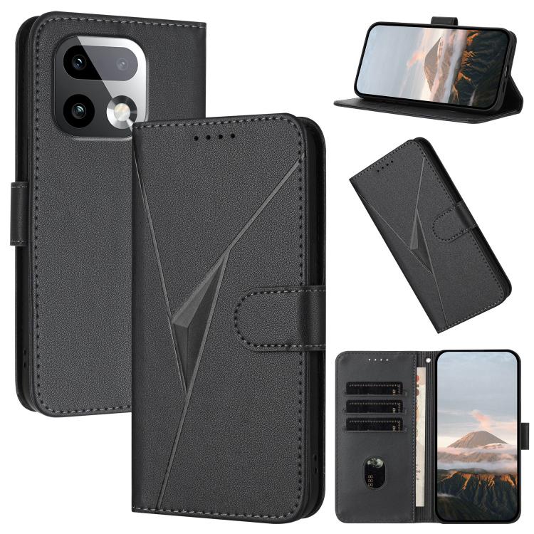 Dark gray leather phone case with triangle pattern, front flap, and buckle clasp