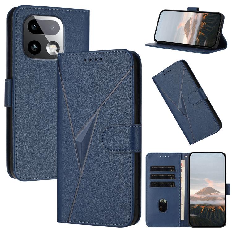 Blue leather phone case with triangle pattern, front flap, and buckle clasp