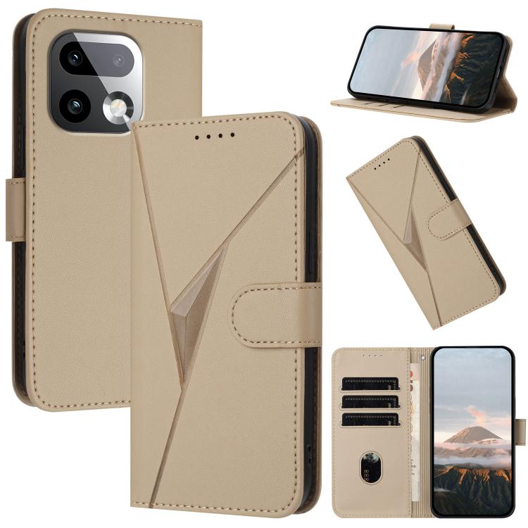 Beige leather phone case with triangle pattern, buckle clasp, and card slots