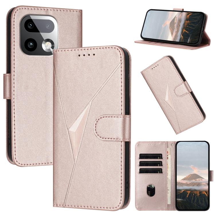 Rose gold leather phone case with triangle pattern, buckle clasp, and card slots