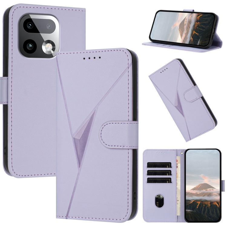 Light purple leather phone case with triangle pattern, buckle clasp, and card slots