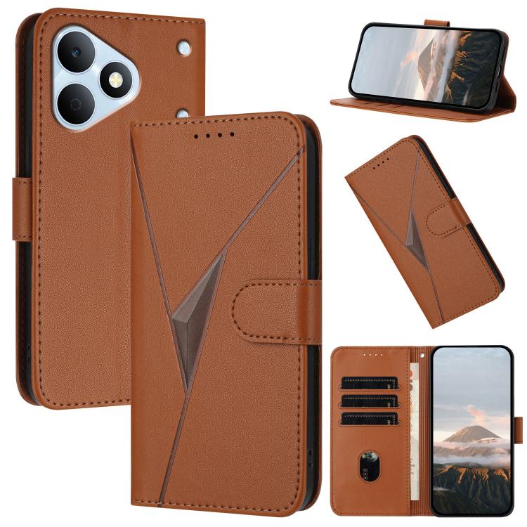 Brown leather folio phone case with triangle pattern, side buckle clasp, card slots