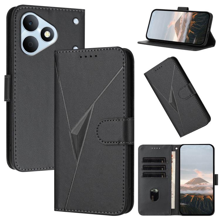 Black leather folio phone case with triangle pattern, side buckle clasp, card slots