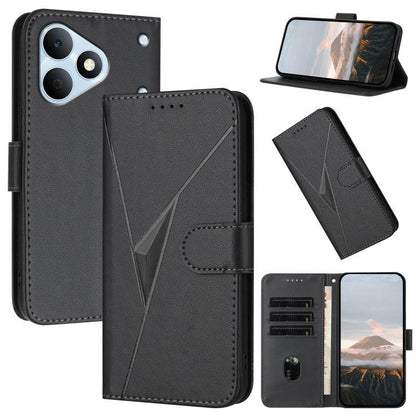 Black leather folio phone case with triangle pattern, side buckle clasp, card slots