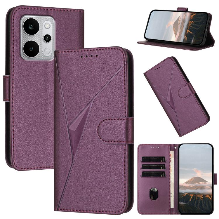 Leather phone case with triangle pattern and buckle clasp, dark purple folio with card slots