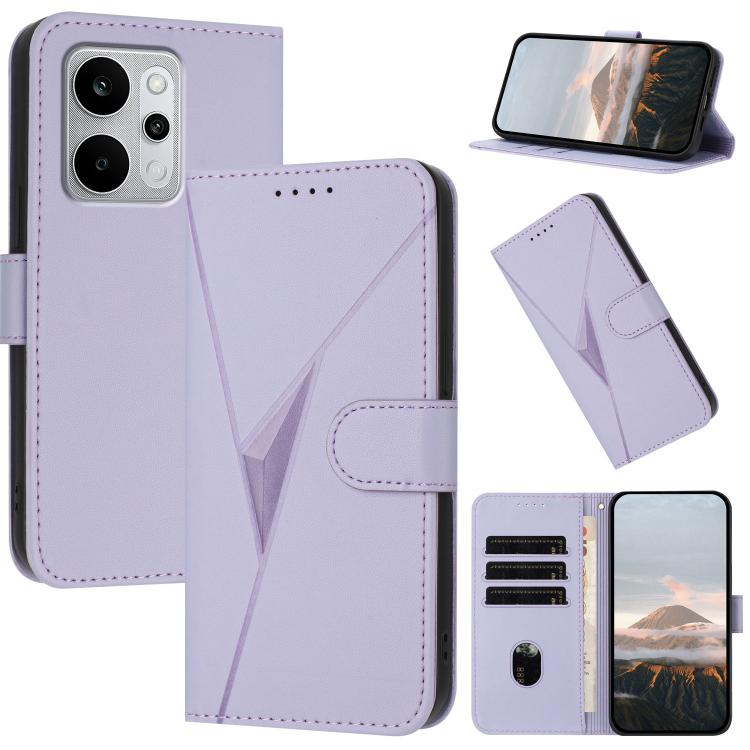 Lavender leather folio phone case with triangle pattern, side buckle clasp, card slots