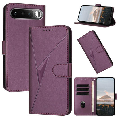 Dark purple leather folio phone case with triangle pattern and buckle clasp, card slots