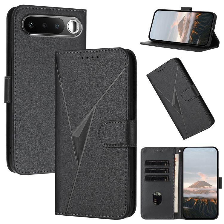 Black leather phone case with triangle pattern, front flap, and buckle clasp