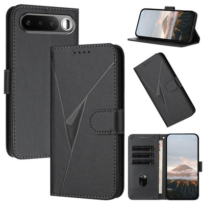 Black leather phone case with triangle pattern, front flap, and buckle clasp