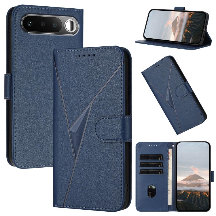 Royal blue leather phone case with triangle pattern, front flap, and buckle clasp