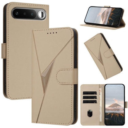 Light tan leather phone case with triangle pattern, front flap, and buckle clasp