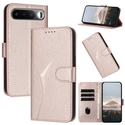 Rose pink leather phone case with triangle pattern, front flap, and buckle clasp