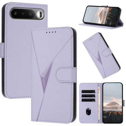 Lavender leather phone case with triangle pattern, front flap, and buckle clasp