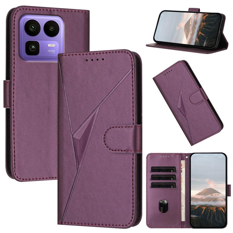 Purple leather folio phone case with triangle pattern, side buckle clasp, card slots