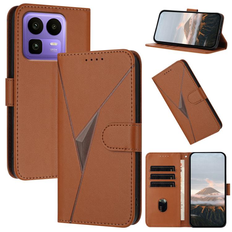 Brown leather folio phone case with triangle pattern and buckle clasp, card slots