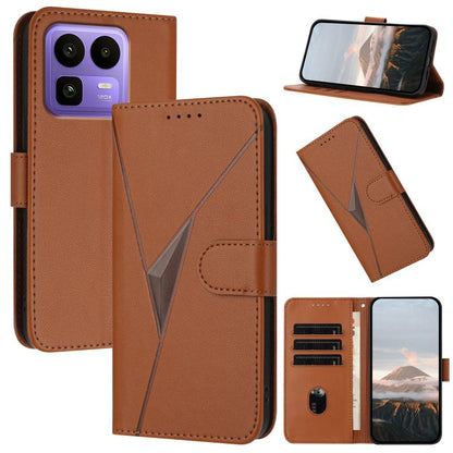 Brown leather folio phone case with triangle pattern and buckle clasp, card slots