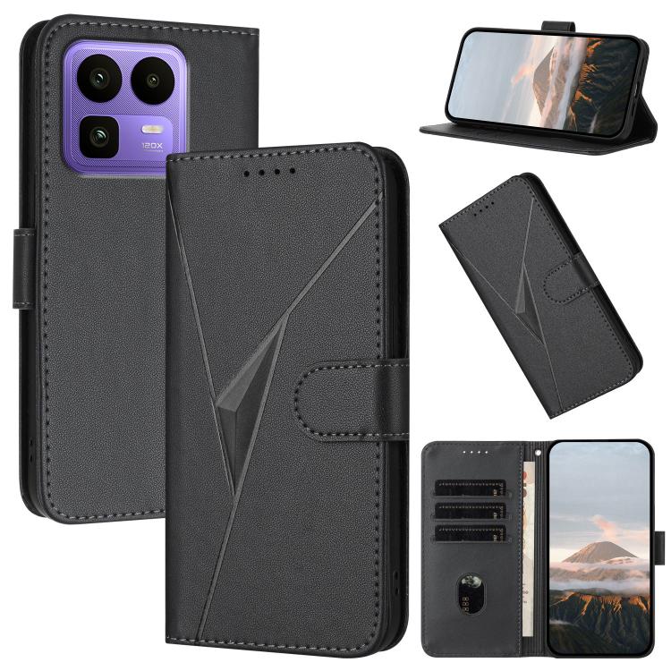 Dark gray leather folio phone case with triangle pattern and buckle clasp, card slots
