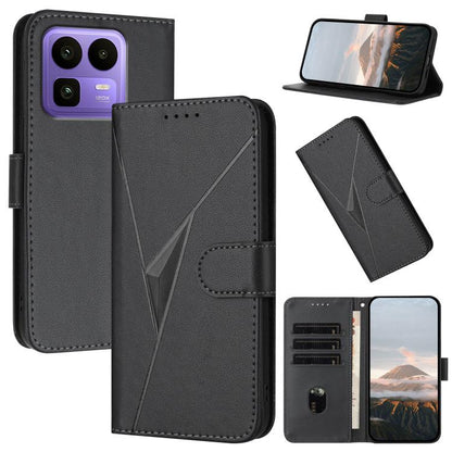 Dark gray leather folio phone case with triangle pattern and buckle clasp, card slots