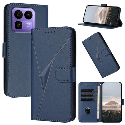 Royal blue leather folio phone case with triangle pattern and buckle clasp, card slots