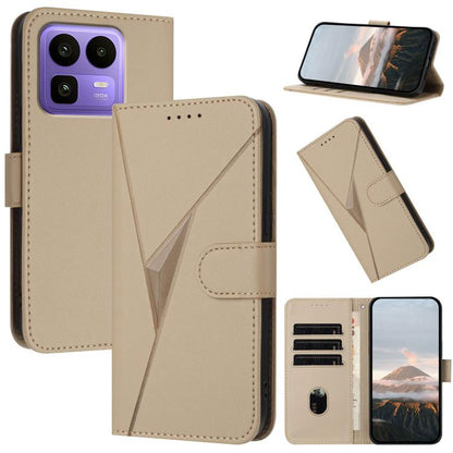 Gold-tone leather folio phone case with triangle pattern and buckle clasp, card slots