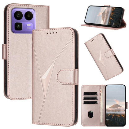 Rose gold leather folio phone case with triangle pattern and buckle clasp, card slots