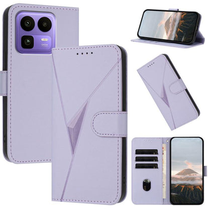 Light purple leather folio phone case with triangle pattern and buckle clasp, card slots