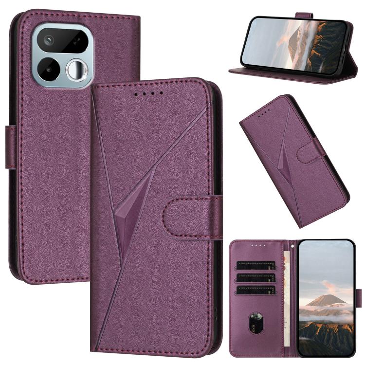 Dark purple leather phone case with geometric flap, buckle clasp, and card slots
