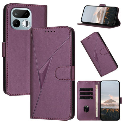 Dark purple leather phone case with geometric flap, buckle clasp, and card slots