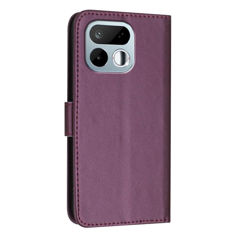Dark purple leather phone case with stitched edges and cutout for dual camera
