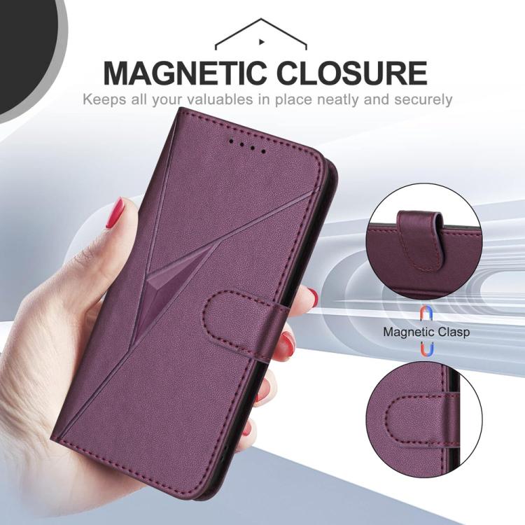Dark purple leather phone case with magnetic closure and matching clasp strap