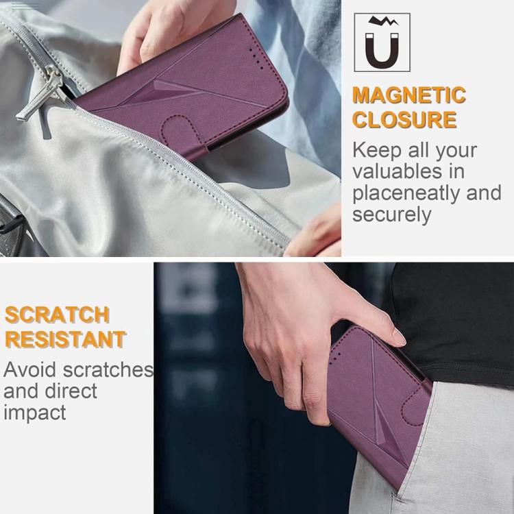 Dark purple leather phone case with magnetic closure; fits securely in hand