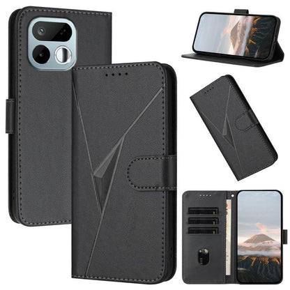 Black leather phone case with triangle pattern, buckle clasp, and card slots