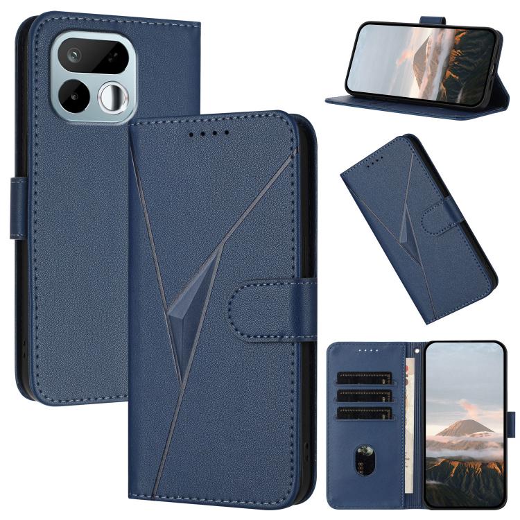 Blue leather phone case with triangle pattern, buckle clasp, and card slots