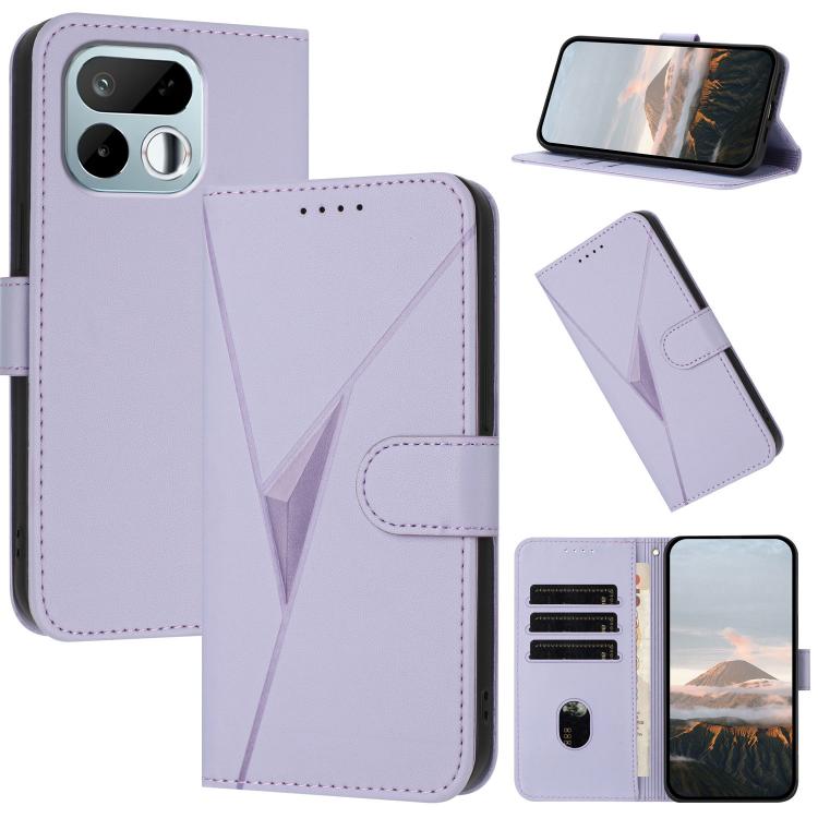 Light purple leather phone case with triangle pattern, buckle clasp, and card slots
