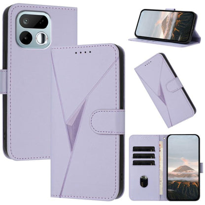 Light purple leather phone case with triangle pattern, buckle clasp, and card slots