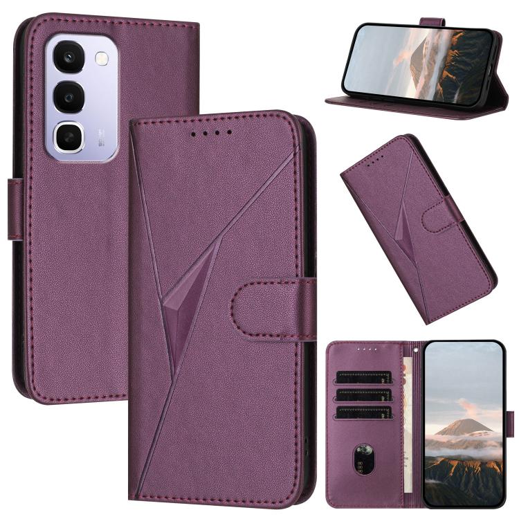 Purple leather phone case with triangle pattern, buckle clasp, and card slots