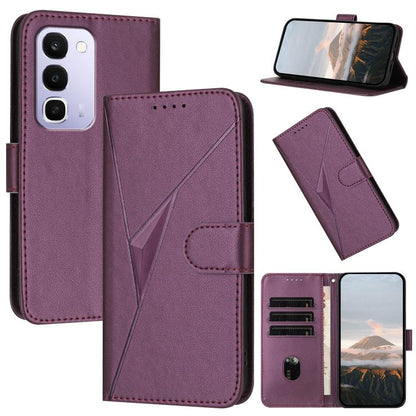 Purple leather phone case with triangle pattern, buckle clasp, and card slots