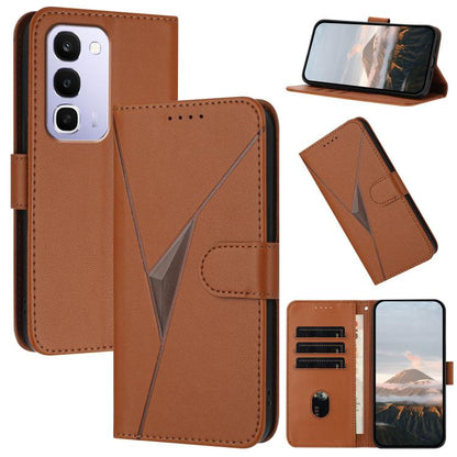 Brown leather phone case with triangle pattern, buckle clasp, and card slots