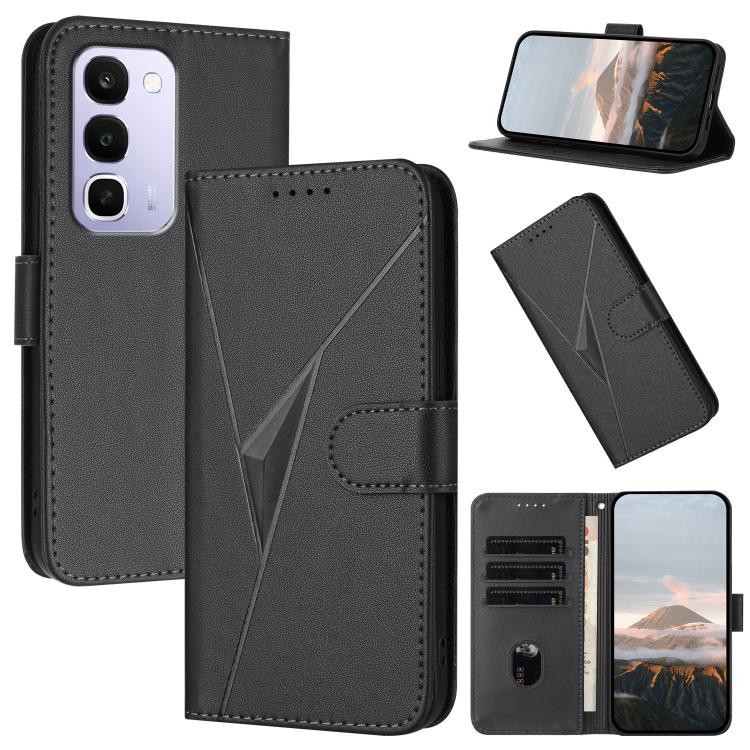 Dark gray leather phone case with triangle pattern, buckle clasp, and card slots
