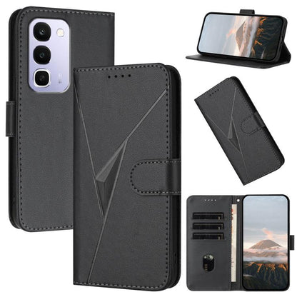 Dark gray leather phone case with triangle pattern, buckle clasp, and card slots