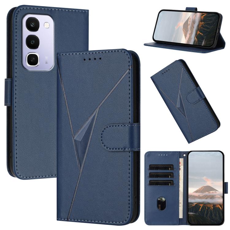 Navy blue leather phone case with triangle pattern, buckle clasp, and card slots