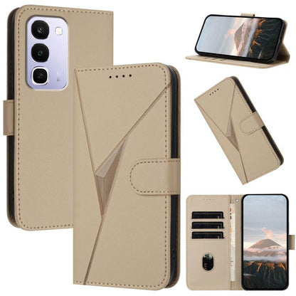 Leather phone case with triangle pattern and buckle clasp, beige folio with card slots