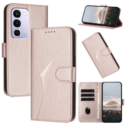 Leather phone case with triangle pattern and buckle clasp, rose pink folio with card slots